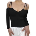 thumbnail image 1 of XFLWAM Women Spaghetti Straps Long Sleeve Ribbed Knit Top Off Shoulder V Neck Shirt Cold Shoulder Solid Color Slim Blouse Black 3XL, 1 of 6