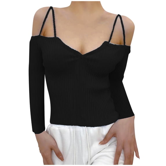 XFLWAM Women Spaghetti Straps Long Sleeve Ribbed Knit Top Off Shoulder V Neck Shirt Cold Shoulder Solid Color Slim Blouse Black 3XL