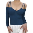 thumbnail image 1 of XFLWAM Women Spaghetti Straps Long Sleeve Ribbed Knit Top Off Shoulder V Neck Shirt Cold Shoulder Solid Color Slim Blouse Blue M, 1 of 6