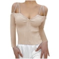 thumbnail image 1 of XFLWAM Women Spaghetti Straps Long Sleeve Ribbed Knit Top Off Shoulder V Neck Shirt Cold Shoulder Solid Color Slim Blouse Khaki 3XL, 1 of 6