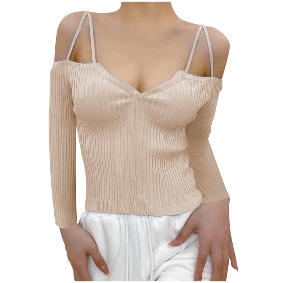 XFLWAM Women Spaghetti Straps Long Sleeve Ribbed Knit Top Off Shoulder V Neck Shirt Cold Shoulder Solid Color Slim Blouse Khaki 3XL