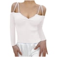 thumbnail image 1 of XFLWAM Women Spaghetti Straps Long Sleeve Ribbed Knit Top Off Shoulder V Neck Shirt Cold Shoulder Solid Color Slim Blouse White 3XL, 1 of 6
