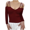 thumbnail image 1 of XFLWAM Women Spaghetti Straps Long Sleeve Ribbed Knit Top Off Shoulder V Neck Shirt Cold Shoulder Solid Color Slim Blouse Wine Red 3XL, 1 of 6