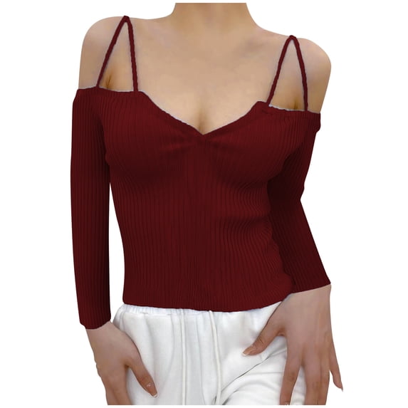XFLWAM Women Spaghetti Straps Long Sleeve Ribbed Knit Top Off Shoulder V Neck Shirt Cold Shoulder Solid Color Slim Blouse Wine Red M
