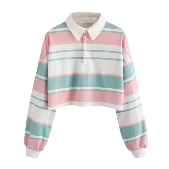 XFLWAM Women Teen Girls Fashion Turn-Down Collar Crop Top Sweatshirt Long Sleeve Color Block Pullover Shirts Pink S