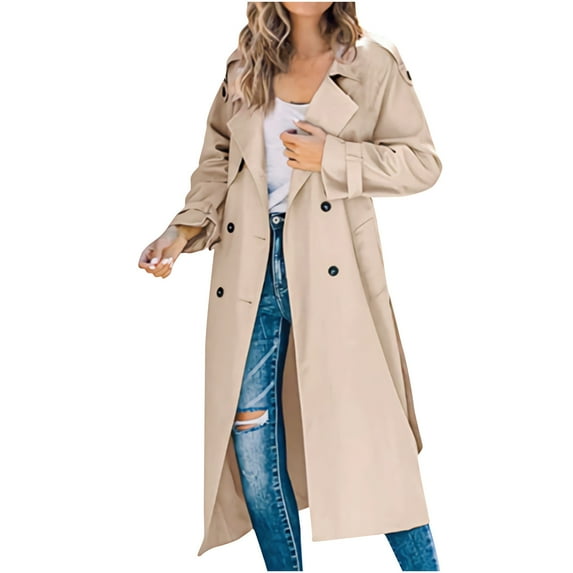 XFLWAM Women Trench Coats Double-Breasted Fall Fashion Windproof Classic Lapel Overcoat Thin Jacket with Belt Beige XXL