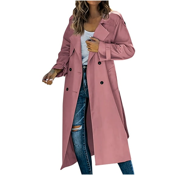 XFLWAM Women Trench Coats Double-Breasted Fall Fashion Windproof Classic Lapel Overcoat Thin Jacket with Belt Pink S