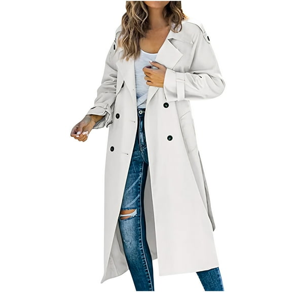 XFLWAM Women Trench Coats Double-Breasted Fall Fashion Windproof Classic Lapel Overcoat Thin Jacket with Belt White S