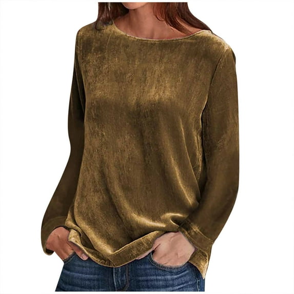 XFLWAM Women Velvet Sweatshirts Casual Long Sleeve Crew Neck Pullover Tops Fall Blouse Shirts Gold XL