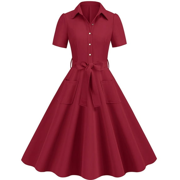 XFLWAM Women Vintage 1940s Dress Retro 40s 50s Button Down Business Work A Line Cocktail Dresses Short Sleeve Dress with Pockets