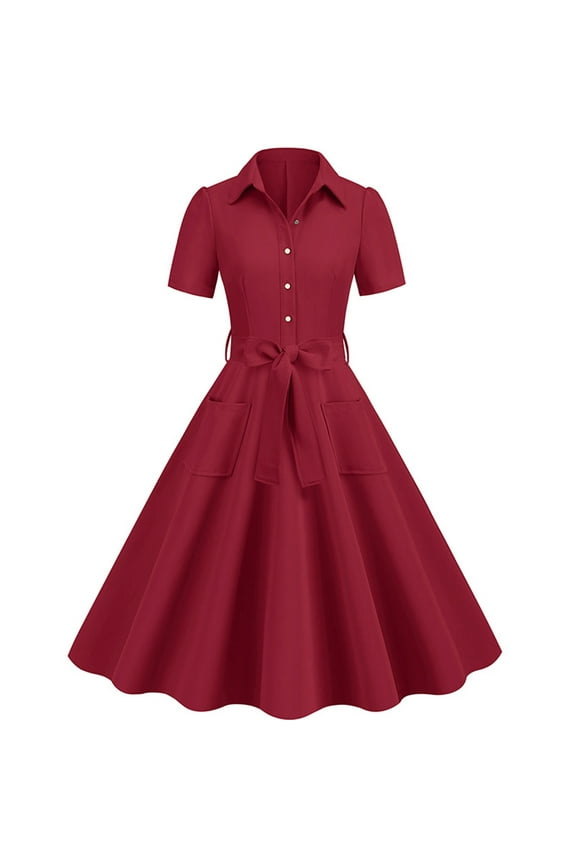Women Vintage 1940s Dress Retro 40s 50s Button Down Business Work A Line Cocktail Dresses Short Sleeve Dress with Pockets