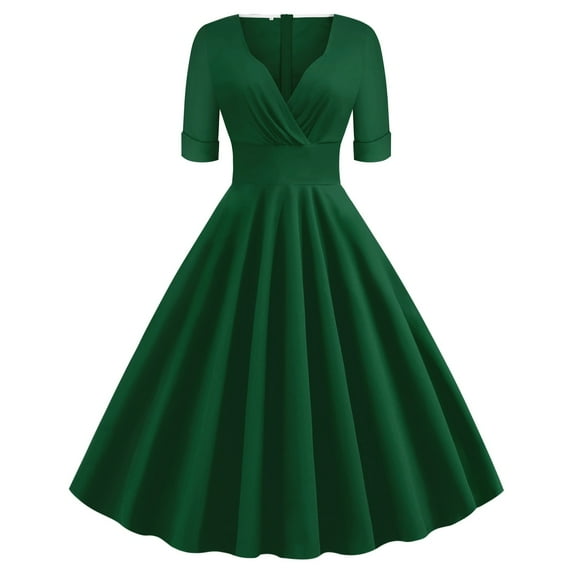 XFLWAM Women Vintage 50s Retro Dress Wrap V Neck Half Sleeve Sold Color A-Line Swing Tea Dress Elegant Gown Cocktail Party Dresses Green L
