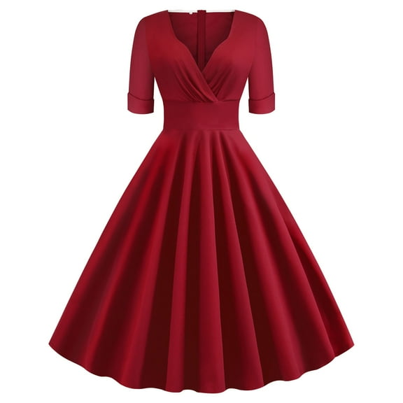 XFLWAM Women Vintage 50s Retro Dress Wrap V Neck Half Sleeve Sold Color A-Line Swing Tea Dress Elegant Gown Cocktail Party Dresses Red M
