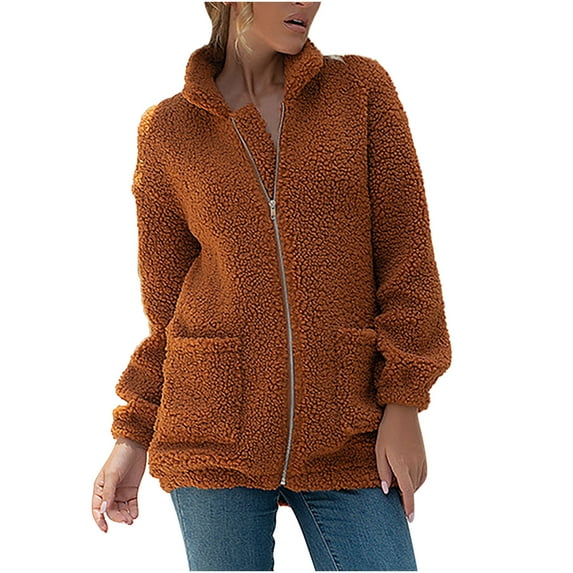 XFLWAM Women Warm Winter Coats Casual Zipper Fuzzy Fleece Sherpa Jackets Cardigan Outwear Brown L