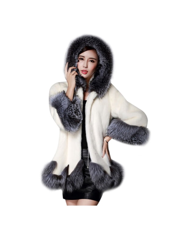 Women Warm Winter Faux Fur Hooedie Jackets Coat Long Sleeve Overcoat Outwear White L