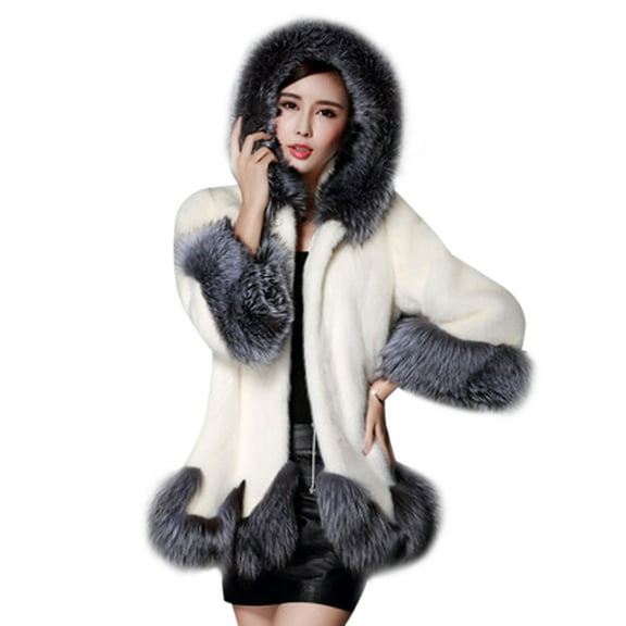 XFLWAM Women Warm Winter Faux Fur Hooedie Jackets Coat Long Sleeve Overcoat Outwear White XL