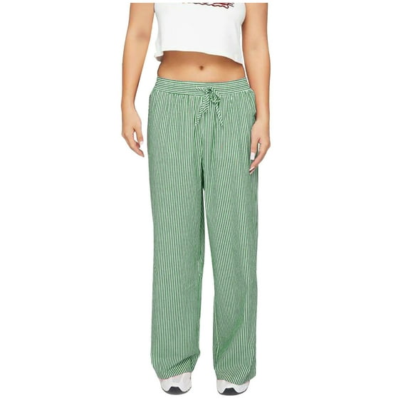 XFLWAM Women Wide Leg Striped Lounge Pants Drawstring High Waist Pajama Pants Casual Loose Bottoms Trouser Y2k Streetwear Green L