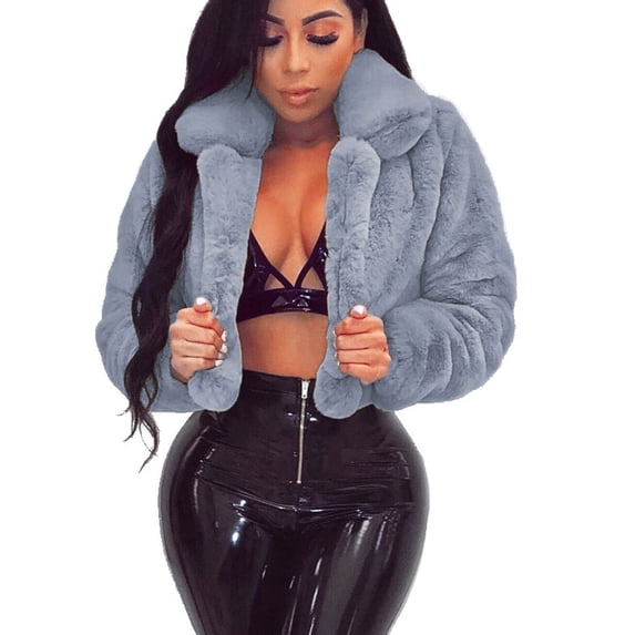 XFLWAM Women Winter Faux Fur Coat Lapel Soft Fluffy Fleece Cropped Jacket Long Sleeve Warm Thickened Plush Casual Solid Color Outwear Gray S
