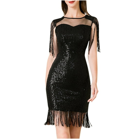 XFLWAM Women's 1920s Flapper Dress Crew Neck Sequin Fringed Roaring Cocktail Party Dress Vintage Wedding Guest Dresses Black S