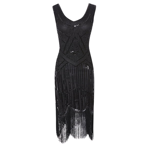 XFLWAM Women's 1920s Flapper Dress Sequin Beaded V Neck Tassels Hem Vintage Cocktail Party Dresses Black M