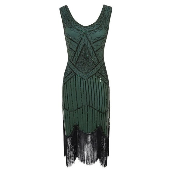 XFLWAM Women's 1920s Flapper Dress Sequin Beaded V Neck Tassels Hem Vintage Cocktail Party Dresses Green M
