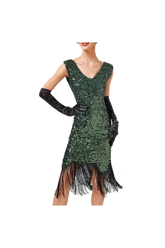 Women's 1920s Flapper Dress V Neck Great Gatsby Fringe Roaring Dresses with Sleeve for Formal Party Prom Club Wedding