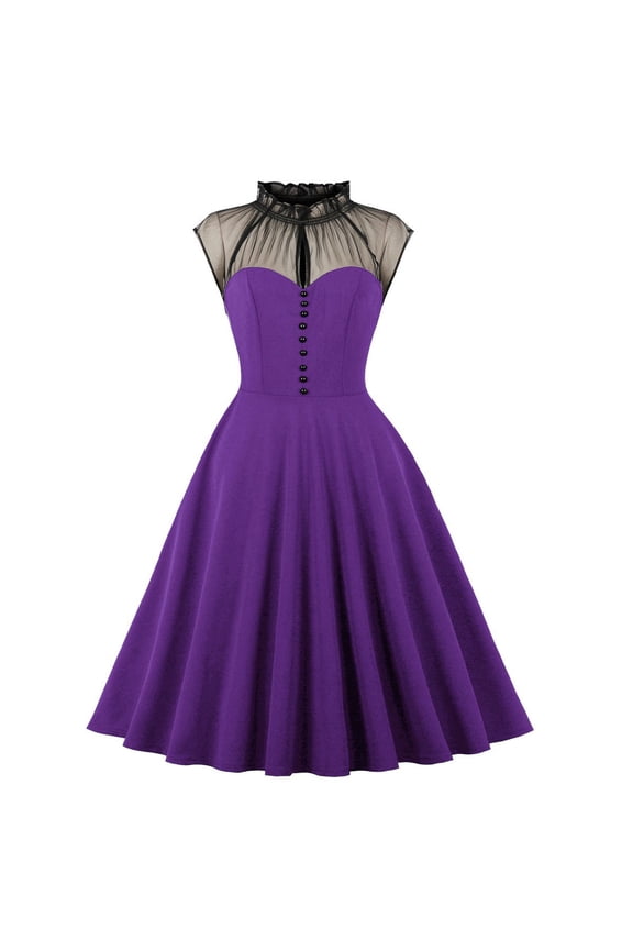 Women's 1950s Audrey Retro Rockabilly Prom Dress Mock Neck Mesh Vintage Dresses 50's 60's A-Line Cocktail Party Swing Dress Purple XXL