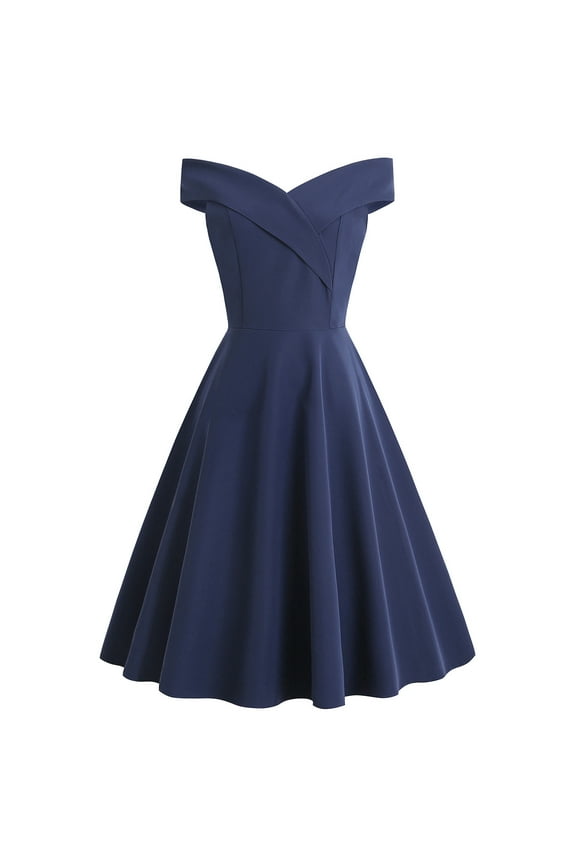 Women's 1950s Cocktail Dress Vintage Off Shoulder Solid Color Tea Party Dresses Retro Rockabilly Homecoming Dress Navy Blue S