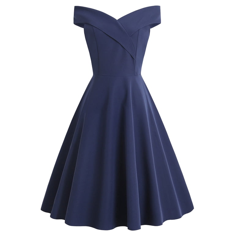 does old navy have homecoming dresses Xflwam Women's 1950s Cocktail Dress Vintage Off Shoulder Solid Color Tea Party Retro Rockabilly Dress Blue XL Occasion:Destination-wedding
