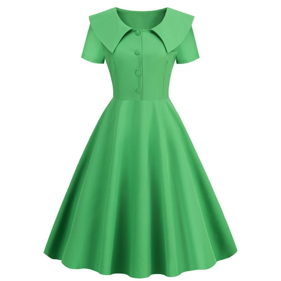 XFLWAM Women's 1950s Retro Dress Vintage Short Sleeve Button Down A-Line Swing Midi Dresses Crew Neck Solid Color Evening Prom Gown Green XL