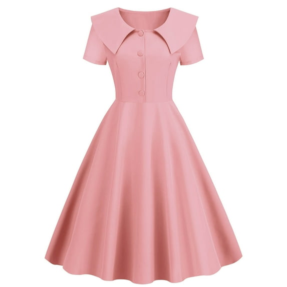 XFLWAM Women's 1950s Retro Dress Vintage Short Sleeve Button Down A-Line Swing Midi Dresses Crew Neck Solid Color Evening Prom Gown Pink S