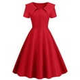 thumbnail image 1 of XFLWAM Women's 1950s Retro Dress Vintage Short Sleeve Button Down A-Line Swing Midi Dresses Crew Neck Solid Color Evening Prom Gown Red M, 1 of 6