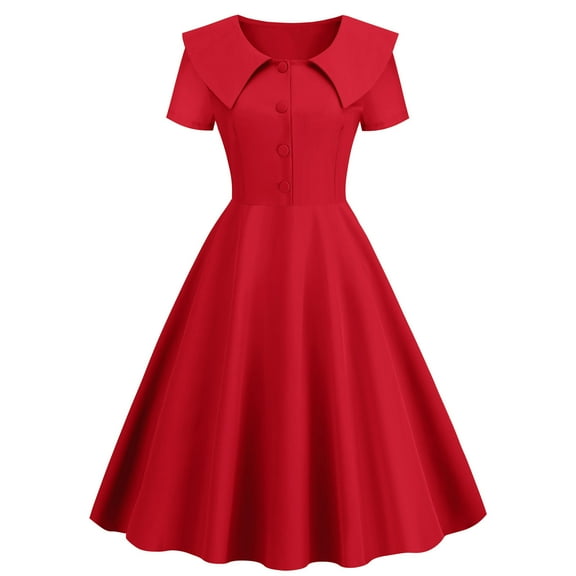 XFLWAM Women's 1950s Retro Dress Vintage Short Sleeve Button Down A-Line Swing Midi Dresses Crew Neck Solid Color Evening Prom Gown Red XL