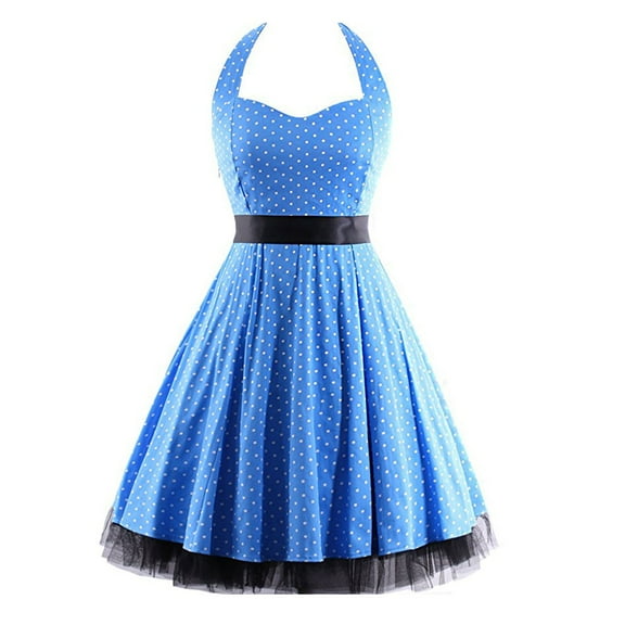 XFLWAM Women's 1950s Retro Polka Dots Dress Vintage Halter Tie Audrey Hepburn A-Line Mesh Trim Cocktail 50s 60s Swing Dresses