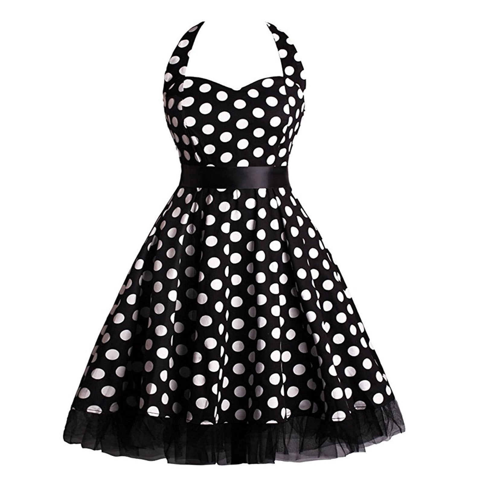Tie Sweetheart Neck Polka Dot Vintage Women Summer High Waist Retro Casual 1950s Style Dresses