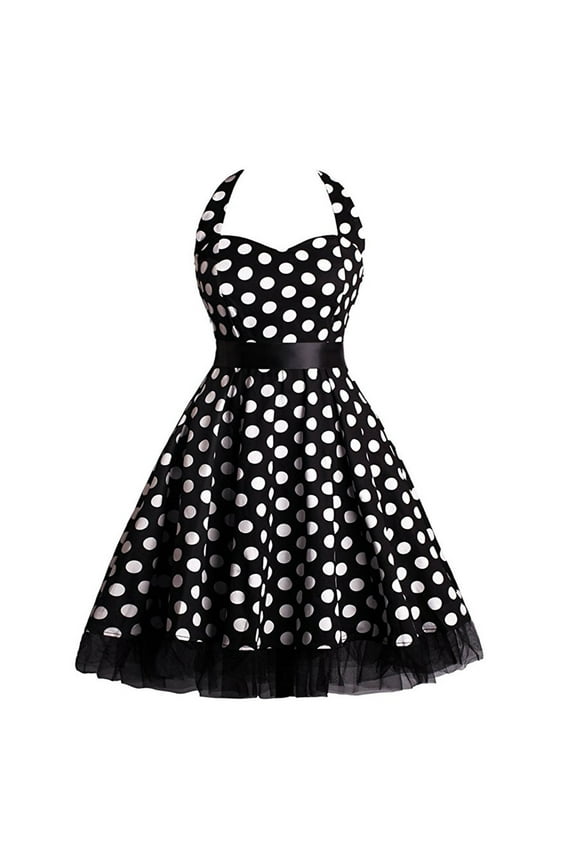 Women's 1950s Retro Polka Dots Dress Vintage Halter Tie Audrey Hepburn A-Line Mesh Trim Cocktail 50s 60s Swing Dresses