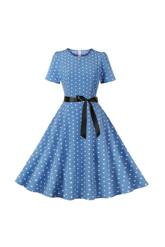 Women's 1950s Retro Rockabilly Crew Neck Short Sleeve Dress Polka Dot Vintage Cocktail Party Swing Dress Blue L