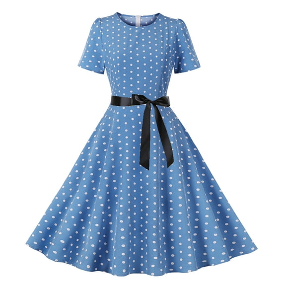 XFLWAM Women's 1950s Retro Rockabilly Crew Neck Short Sleeve Dress Polka Dot Vintage Cocktail Party Swing Dress Blue XXL