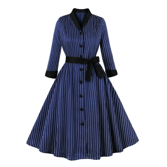 XFLWAM Women's 1950s Vintage Dress Notched V Neck Long Sleeve Cocktail Swing Dress 50s Retro Audrey Hepburn Rockabilly Prom Dresses
