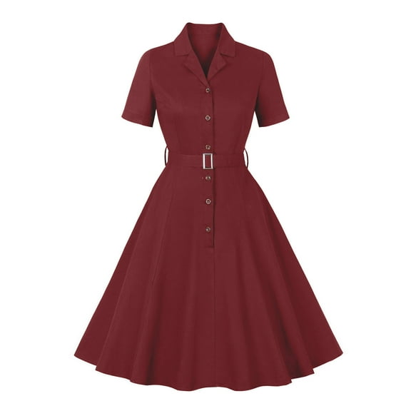 XFLWAM Women's 1950s Vintage Dress Notched V Neck Solid Color Cocktail Swing Dress 50s Retro Audrey Hepburn Rockabilly Prom Dresses
