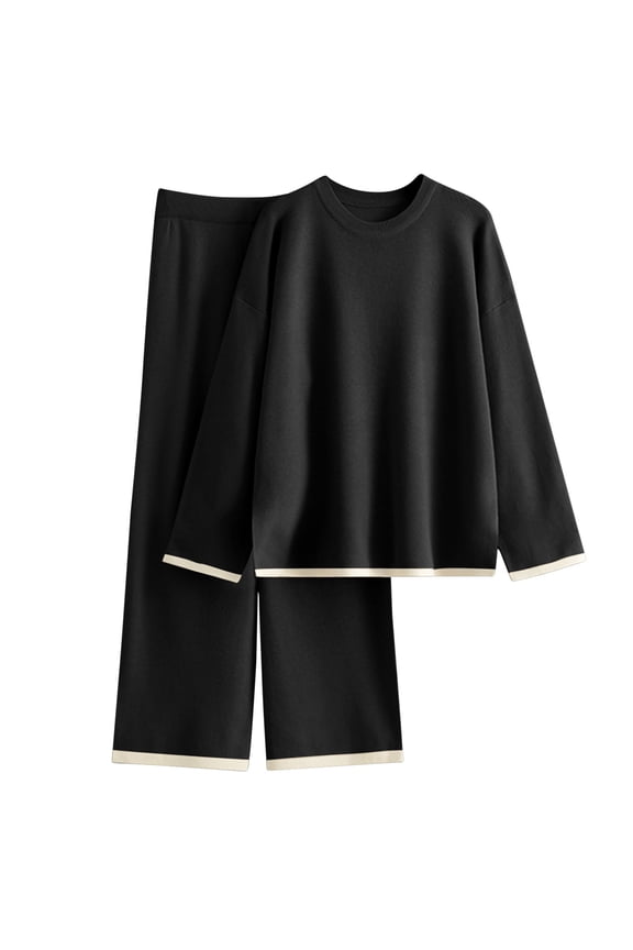 Women's 2 Piece Knit Sweater Set Casual Long Sleeve Pullover Wide Leg Pants Elegant Fall Winter Matching Sets