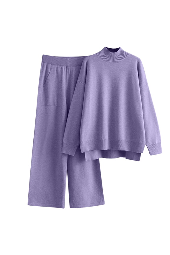 Women's 2 Piece Knit Sweater Set Long Sleeve Pullover Wide Leg Pants Elegant Casual Fall Winter Matching Sets