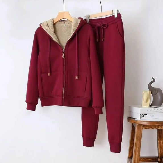 XFLWAM Women's 2 Piece Outfits Thick Fleece Hoodies Sweatsuit Long Sleeve Zipper Hooded Pullover Jacket Long Joggers Sweatpants Winter Tracksuit Sets Red 4XL