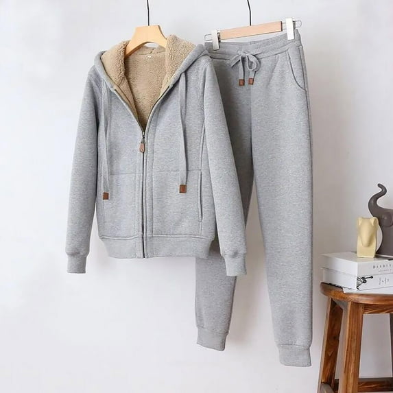 XFLWAM Women's 2 Piece Outfits Thick Fleece Hoodies Sweatsuit Long Sleeve Zipper Hooded Pullover Jacket Long Joggers Sweatpants Winter Tracksuit Sets Gray 4XL