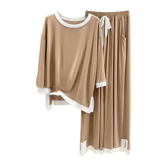 XFLWAM Women's 2 Piece Pajama Sets Crew Neck Long Sleeve Tee and Elastic Waist Wide Leg Pants Lounge Sets
