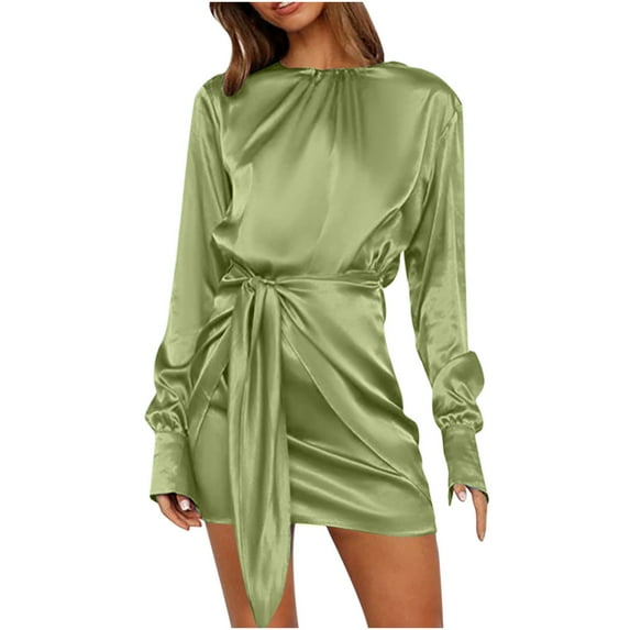 XFLWAM Women's Fall Satin Dress Casual Long Sleeve Ruched Wrap Dress Crew Neck Tie Waist Elegant Cocktail Party Mini Dresses Green M
