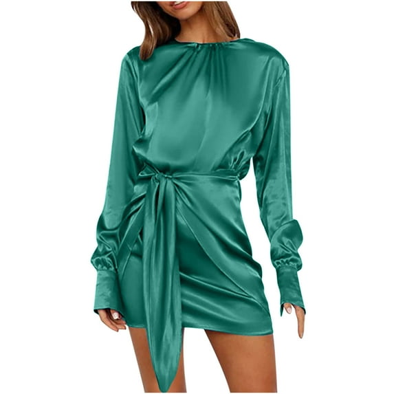 XFLWAM Women's 2022 Fall Satin Dress Casual Long Sleeve Ruched Wrap Dress Crew Neck Tie Waist Elegant Cocktail Party Mini Dresses Green M
