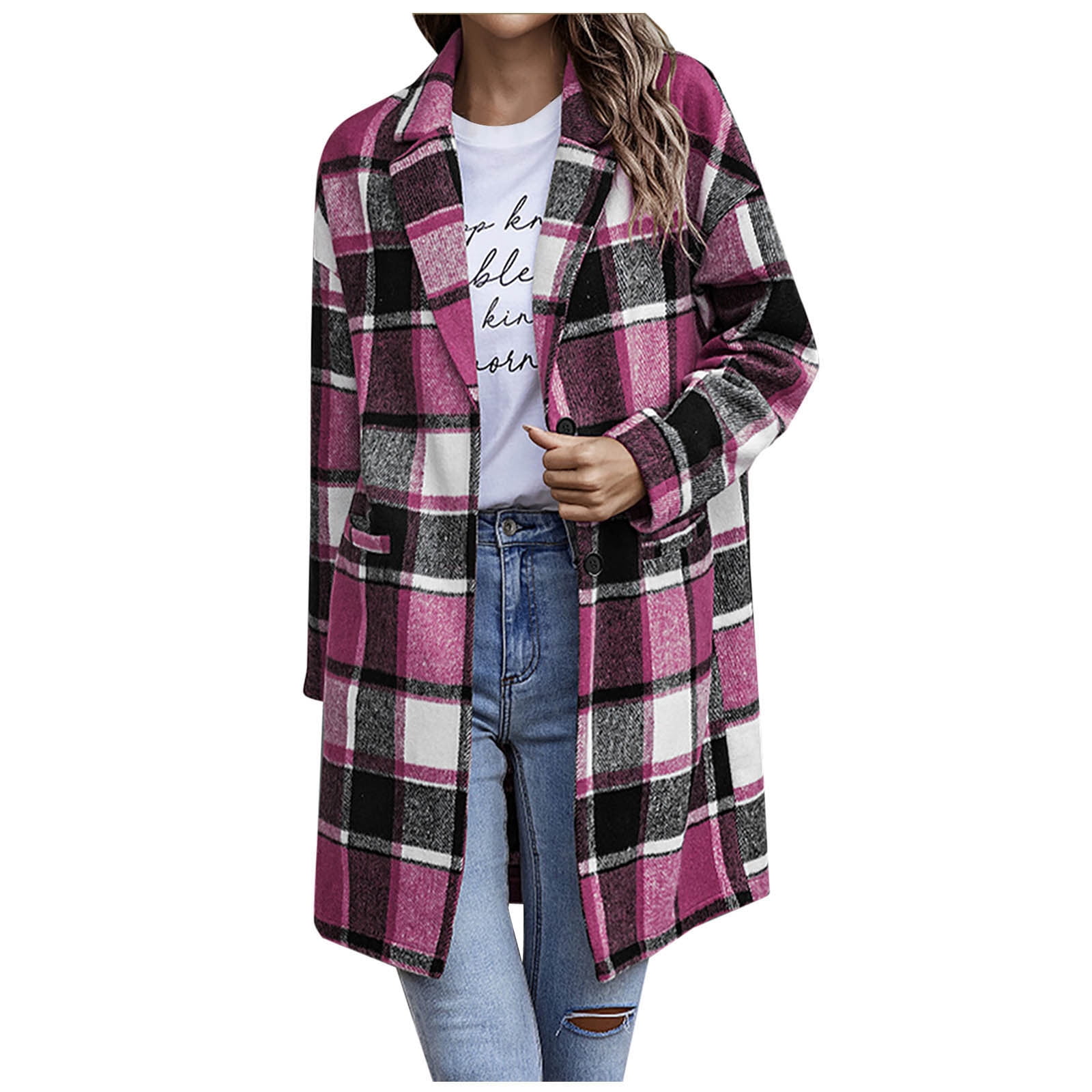XFLWAM Women s 2022 Plaid Shacket Jacket Casual Lapel Button Down Wool Blend Winter Tartan Trench Coat with Pockets Hot Pink M