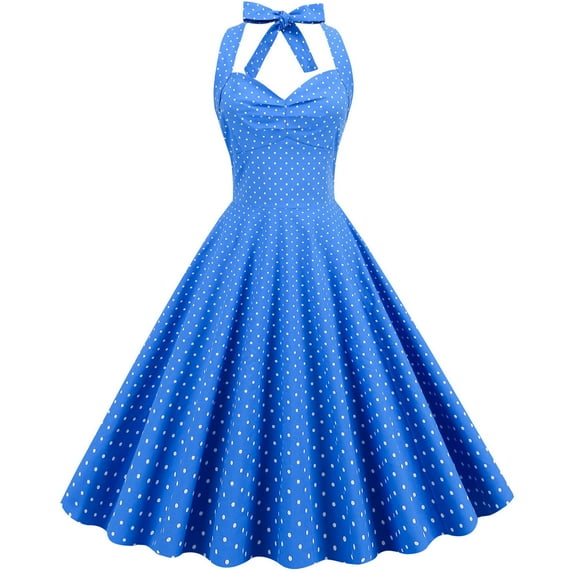 XFLWAM Women's 50s 60s Vintage Dress Halter Polka Dot Cocktail Corset Dress Prom Tea Party Wedding A Line Swing Dress for Women Blue M