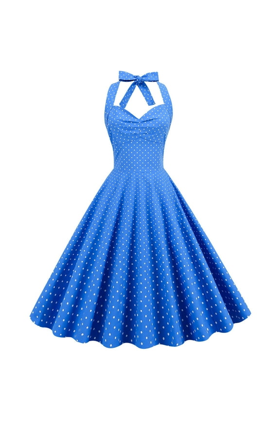 Women's 50s 60s Vintage Dress Halter Polka Dot Cocktail Corset Dress Prom Tea Party Wedding A Line Swing Dress for Women Blue XXL